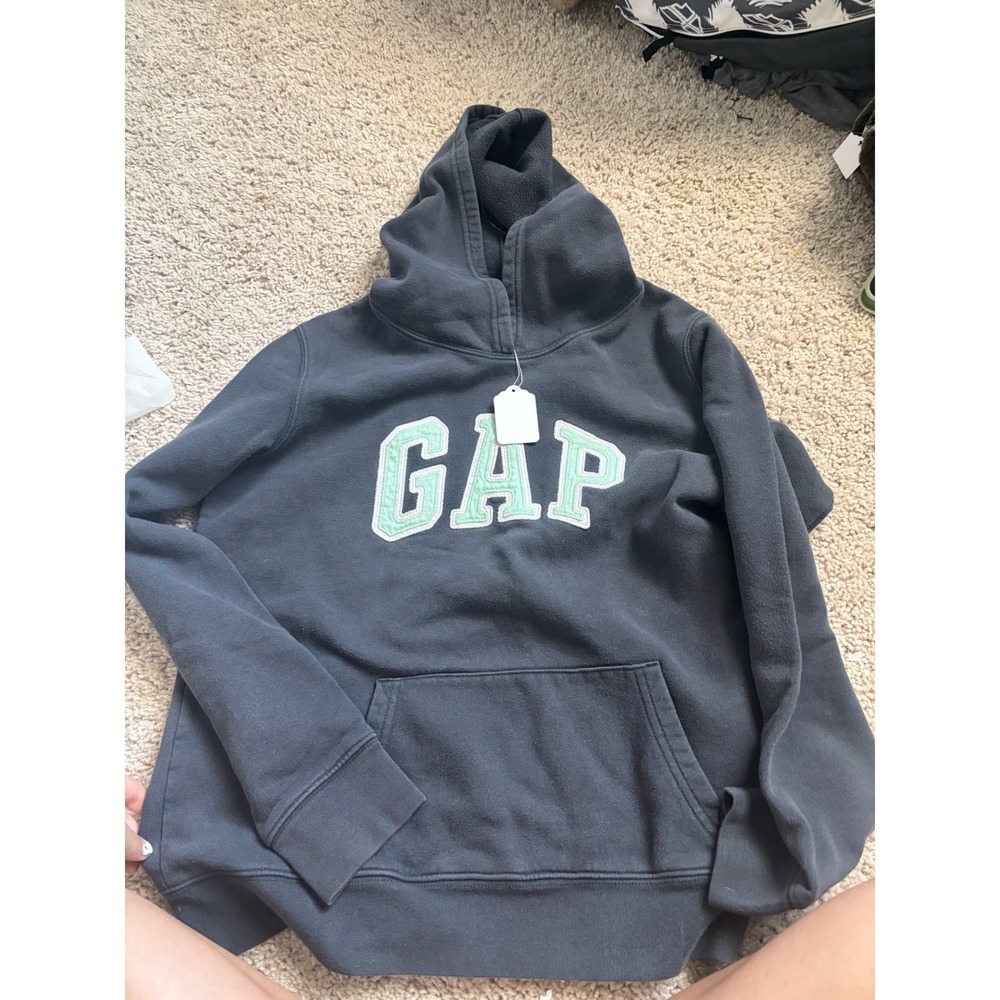 Vintage Gap Hoodie Spellout Logo Black Pullover Sweatshirt Y2K Streetwear Medium